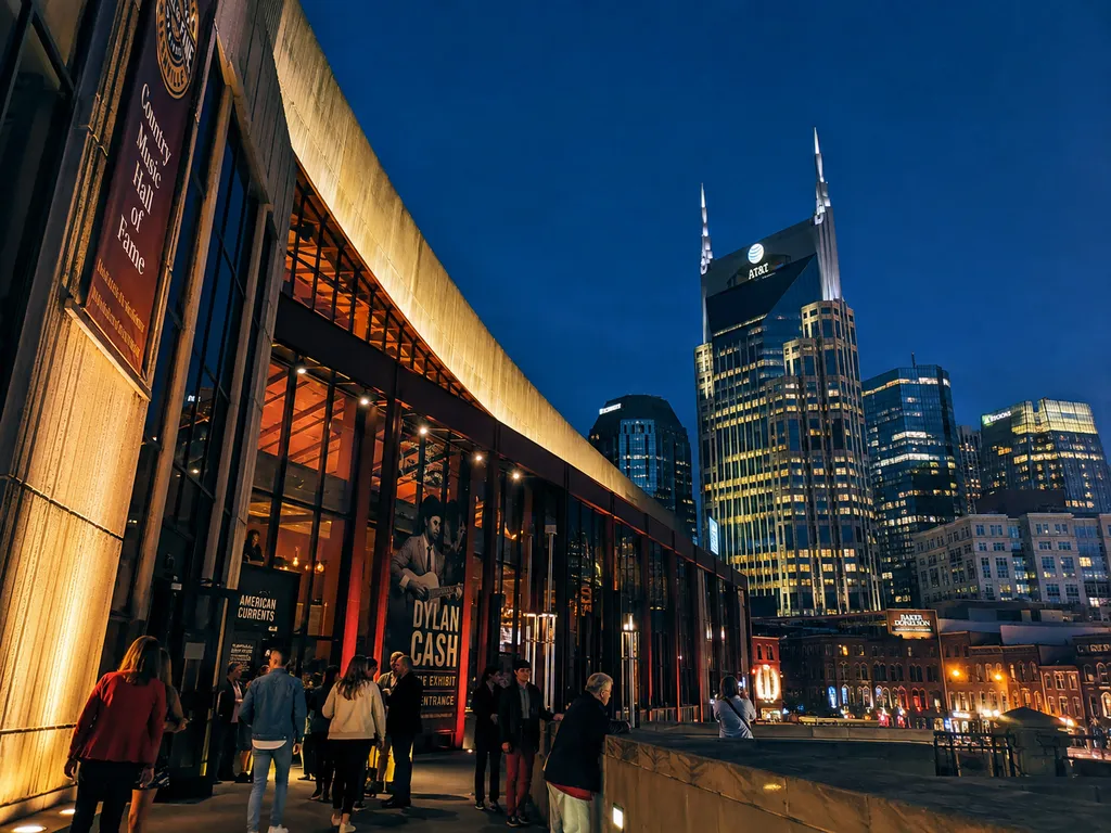 People walk past a modern building with glass windows and a lit-up city skyline.