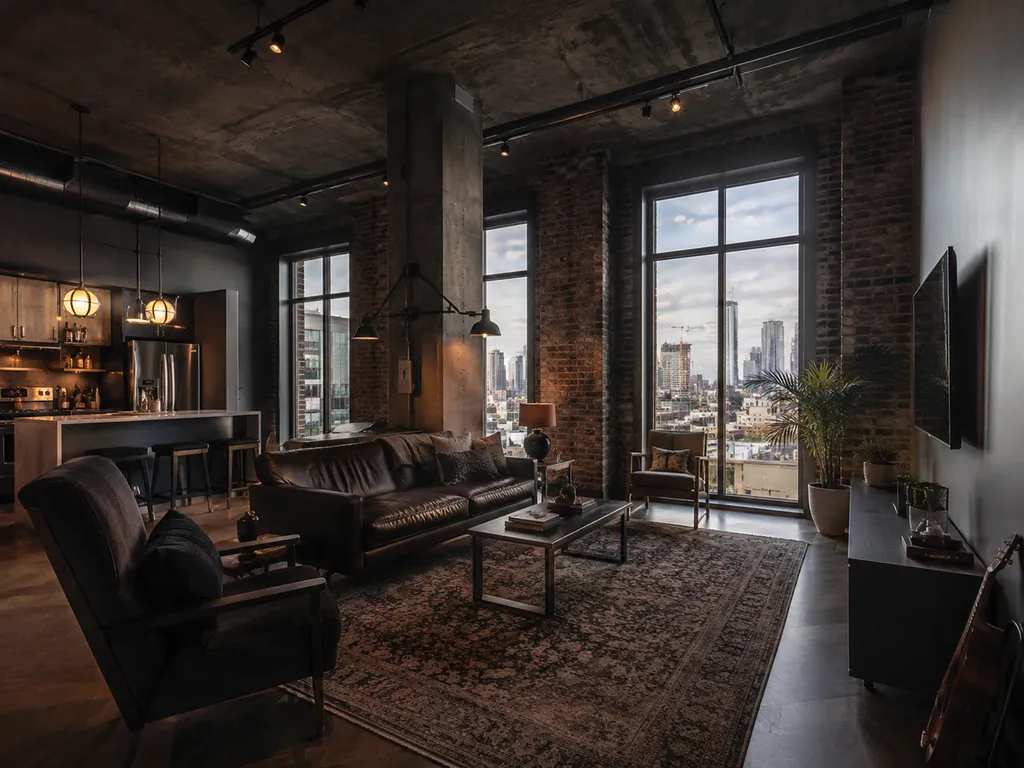 A modern living room with leather furniture, a coffee table, and large windows.