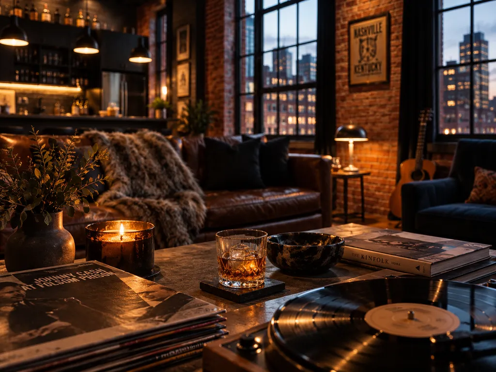 A cozy living room with a couch, record player, and city view.