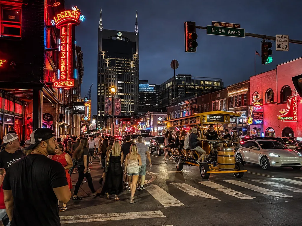 A busy street at night with people walking, a yellow trolley, and neon signs.