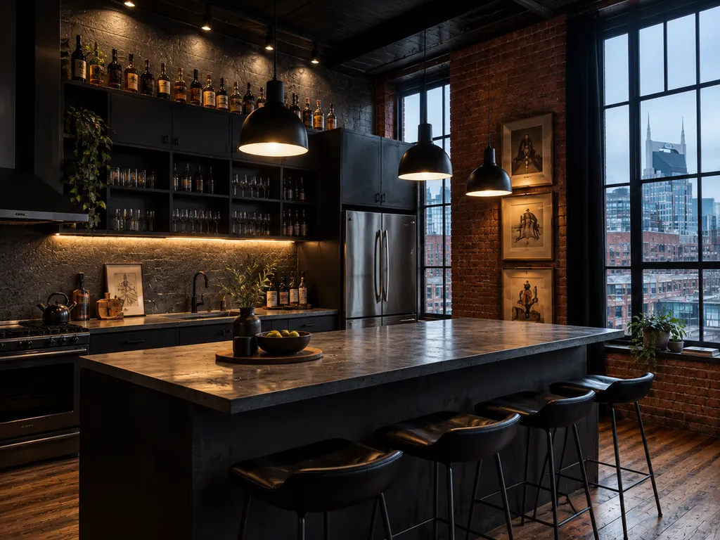 Modern kitchen with a large island, brick walls, and large windows.