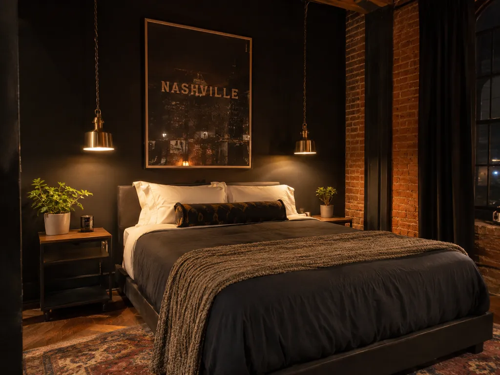 Bedroom with black walls, brick accent, and a Nashville poster.