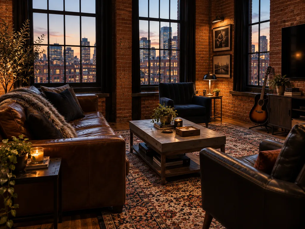 A living room with a couch, coffee table, and city view.
