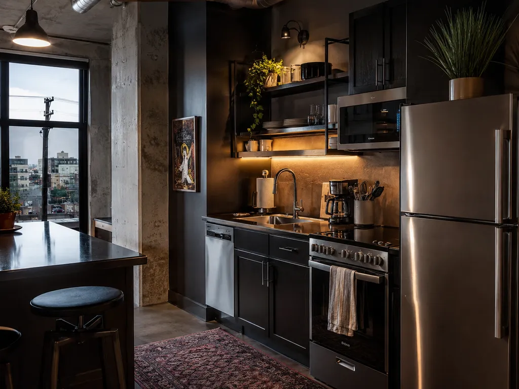 Modern kitchen with stainless steel appliances, a sink, and a window overlooking the city.