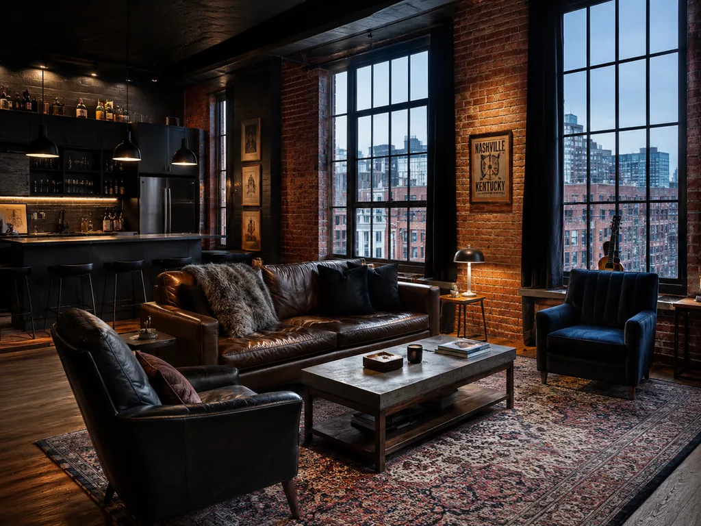 A modern living room with a brick wall, large windows, and a bar counter.