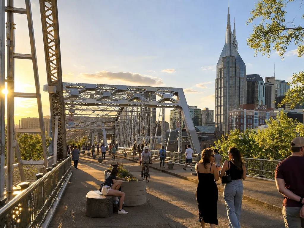 People walking on a bridge with a city skyline in the background.