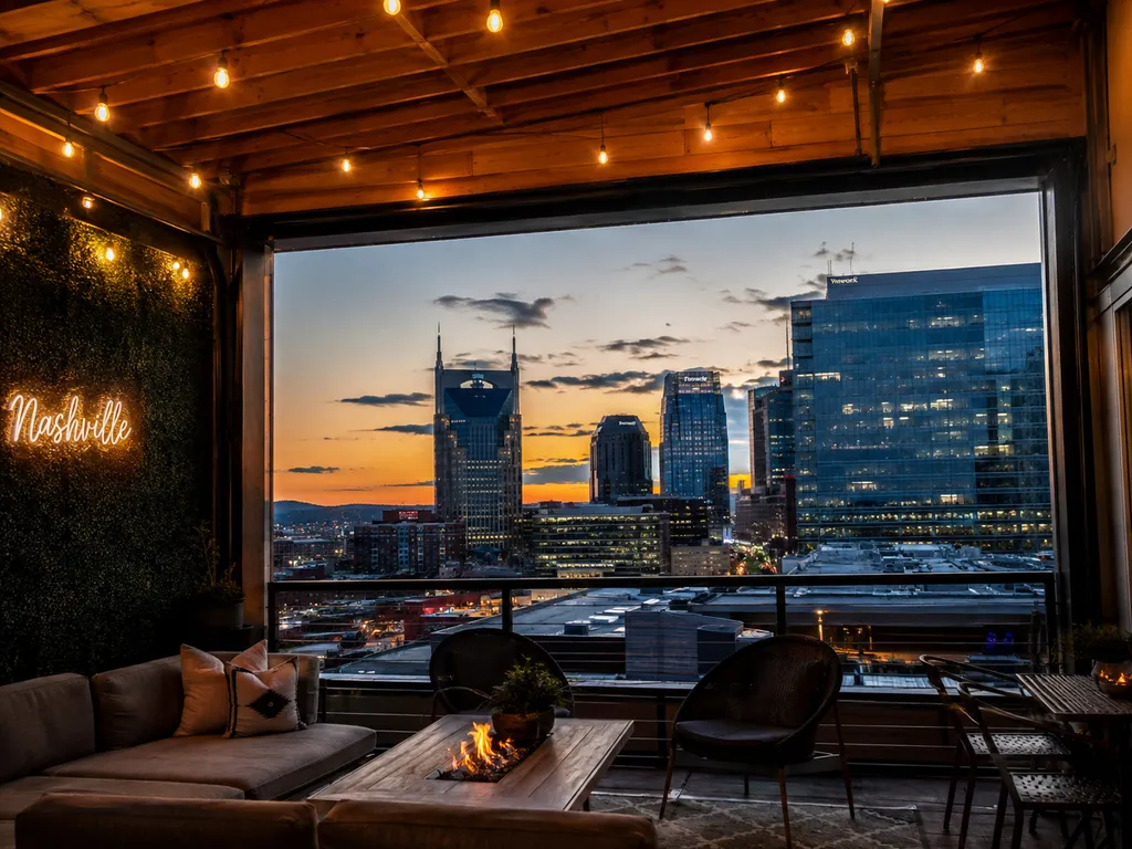 Rooftop lounge with a view of the city skyline at sunset.