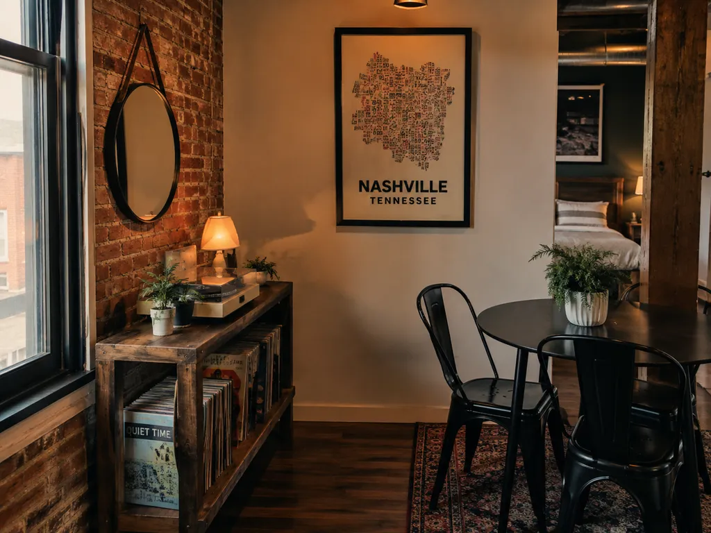 A cozy room with a brick wall, a framed map, and a small dining area.