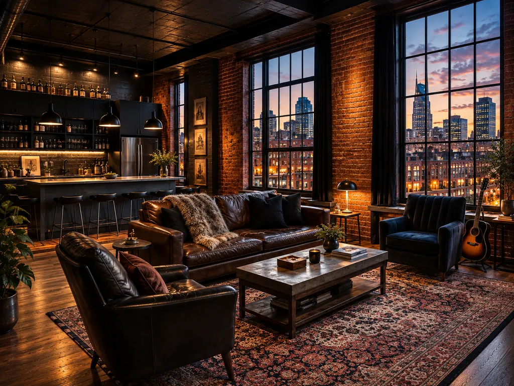 A modern living room with a couch, armchairs, a coffee table, and a city view.